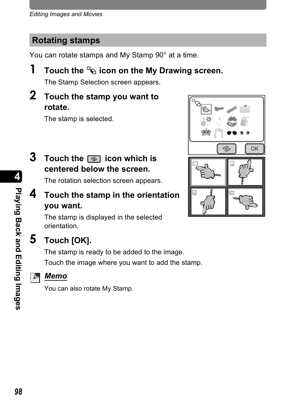 Rotating stamps | Pentax Optio T20 User Manual | Page 100 / 168
