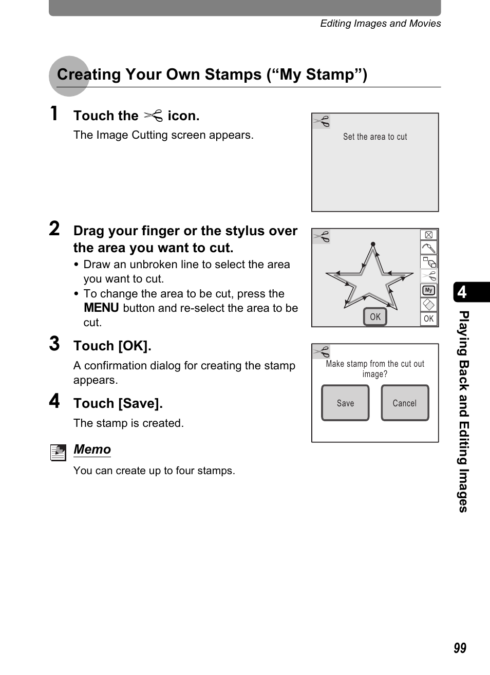 Creating your own stamps (“my stamp”) | Pentax Optio T20 User Manual | Page 101 / 168