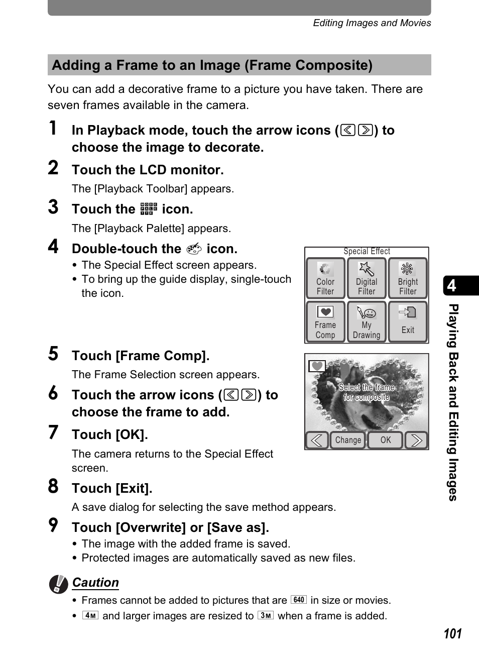 Adding a frame to an image (frame composite), P.101), P.101 | Pentax Optio T20 User Manual | Page 103 / 168