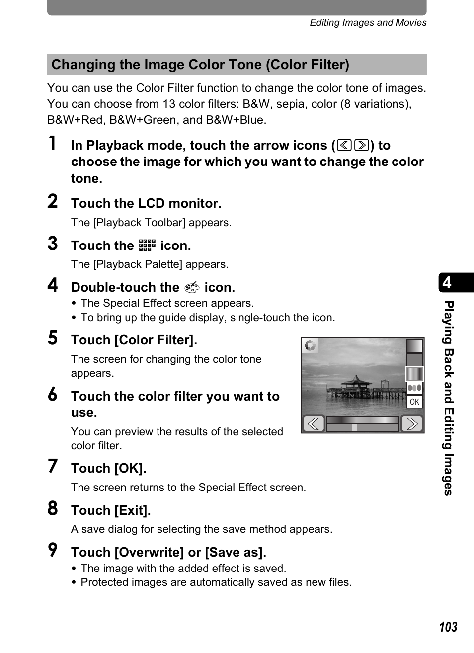 Changing the image color tone (color filter), P.103 | Pentax Optio T20 User Manual | Page 105 / 168