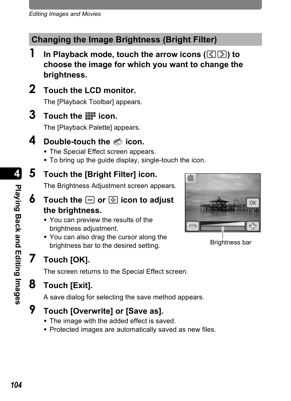Changing the image brightness (bright filter), P.104), P.104 | Pentax Optio T20 User Manual | Page 106 / 168