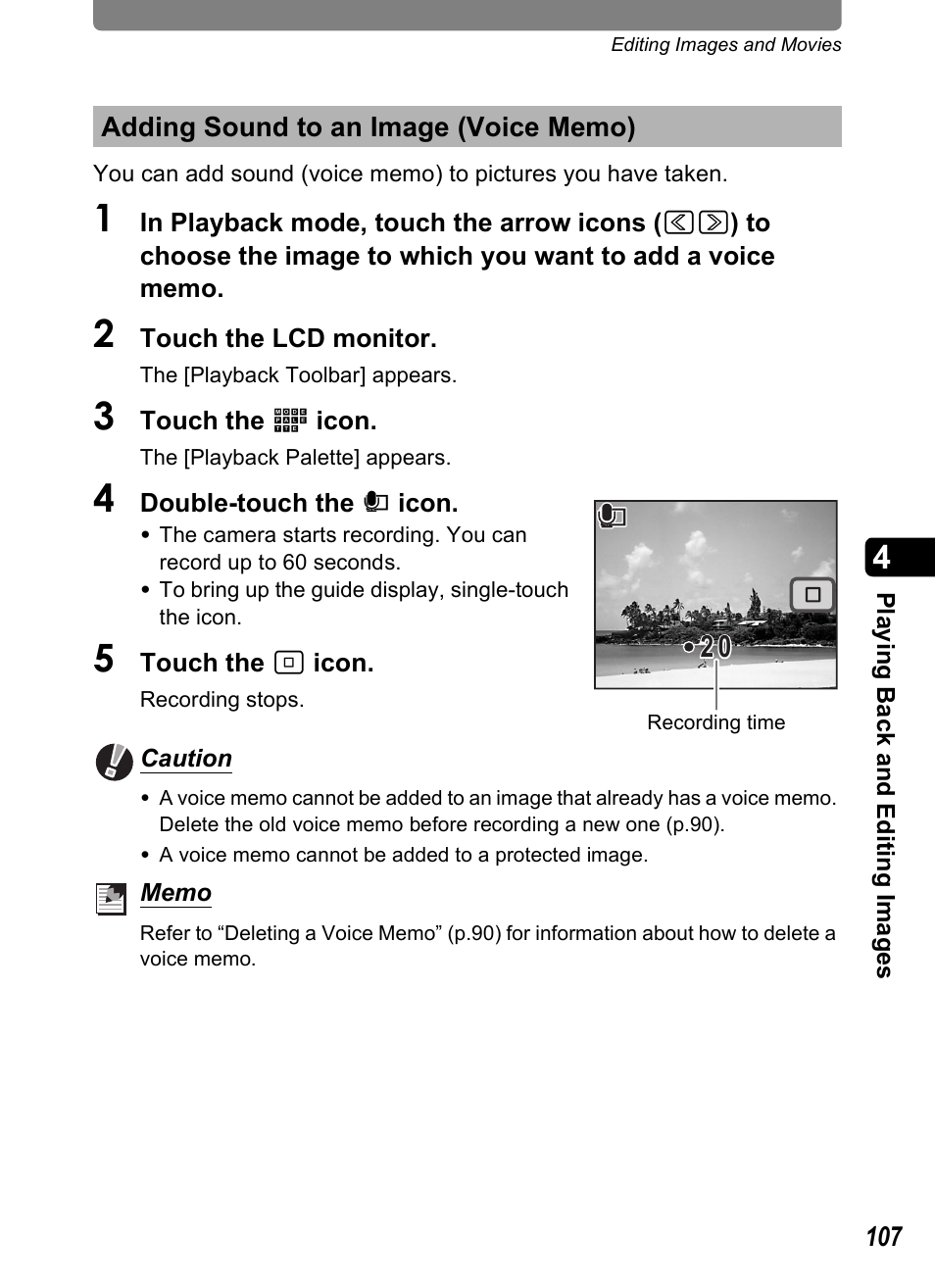 Adding sound to an image (voice memo), P.107), P.107 | Pentax Optio T20 User Manual | Page 109 / 168