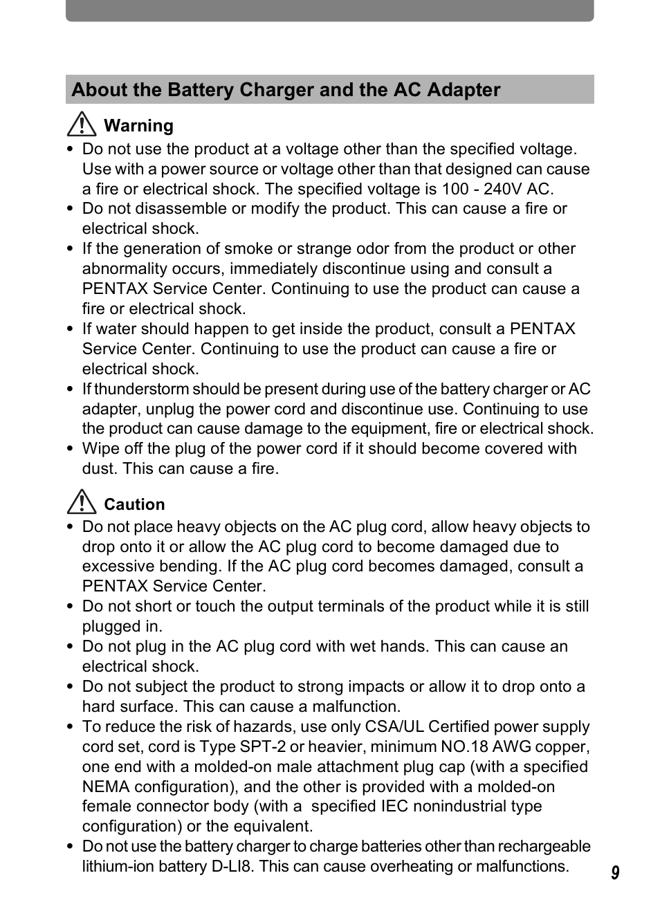 About the battery charger and the ac adapter | Pentax Optio T20 User Manual | Page 11 / 168