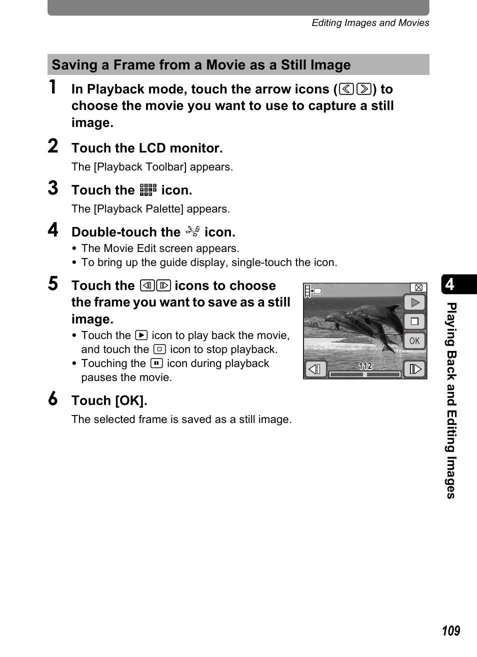 Saving a frame from a movie as a still image, E (p.109, P.109 | Pentax Optio T20 User Manual | Page 111 / 168