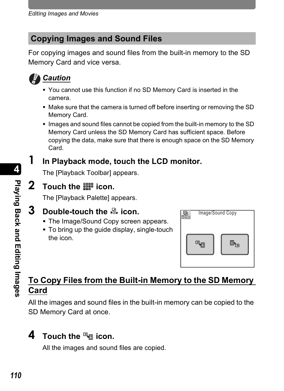 Copying images and sound files, P.110 | Pentax Optio T20 User Manual | Page 112 / 168