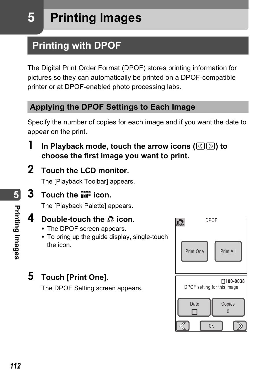 Printing images, Printing with dpof, Applying the dpof settings to each image | P.112, 5 printing images, Ng (p.112, p | Pentax Optio T20 User Manual | Page 114 / 168