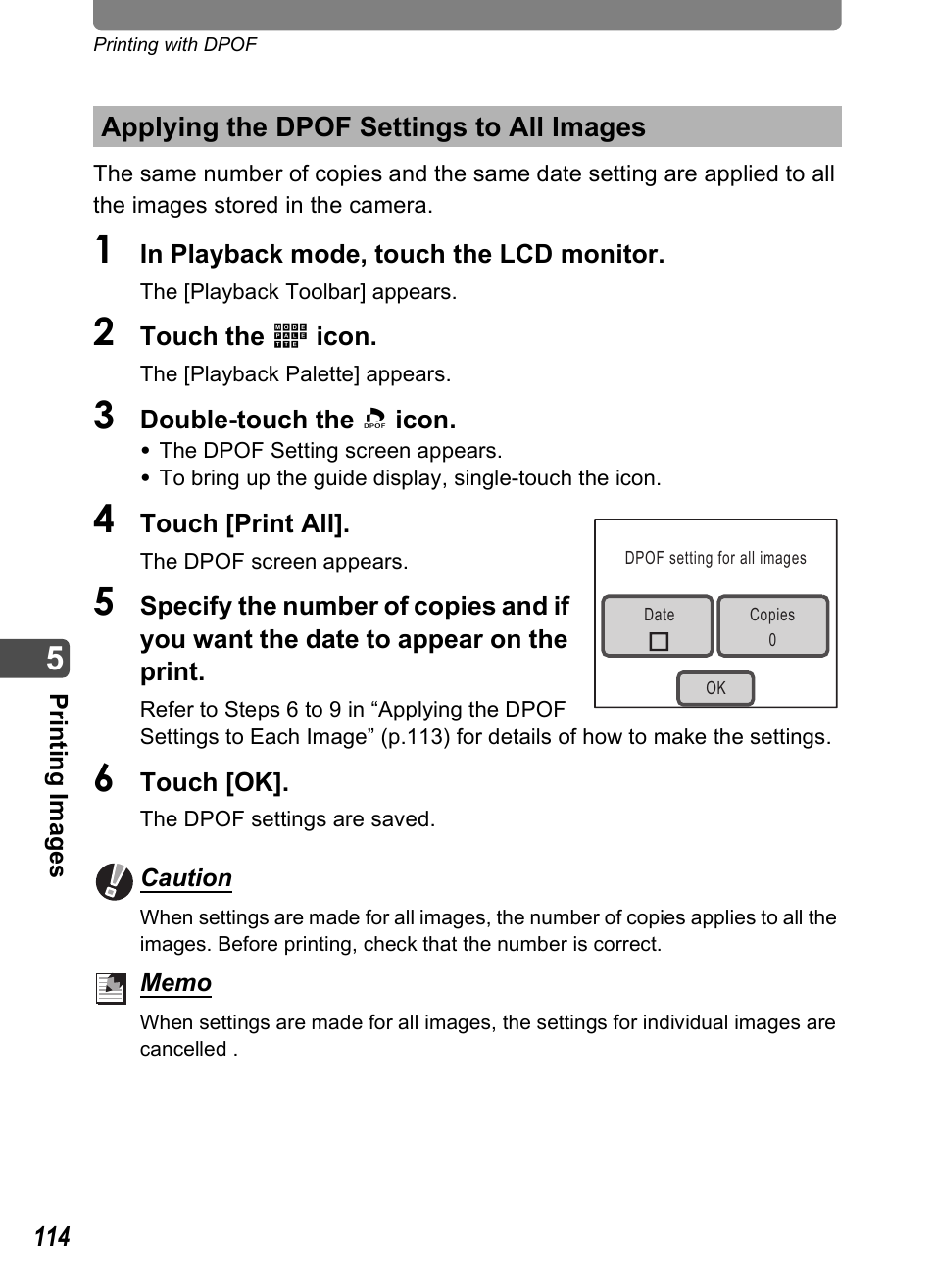 Applying the dpof settings to all images | Pentax Optio T20 User Manual | Page 116 / 168