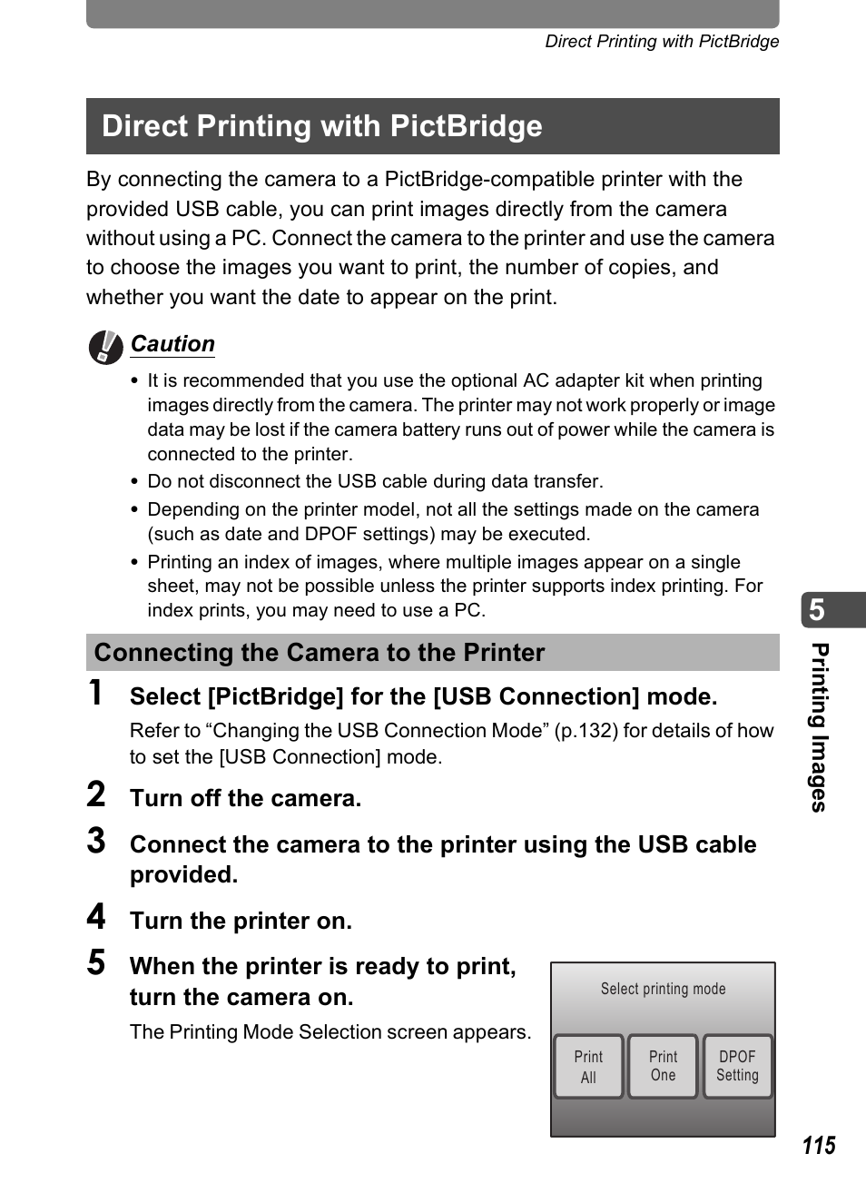 Direct printing with pictbridge, Connecting the camera to the printer, P.115) | Pentax Optio T20 User Manual | Page 117 / 168