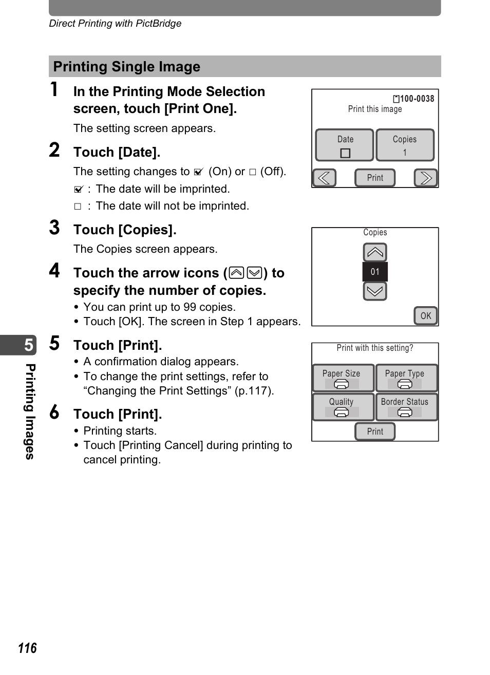 Printing single image, P.116) | Pentax Optio T20 User Manual | Page 118 / 168