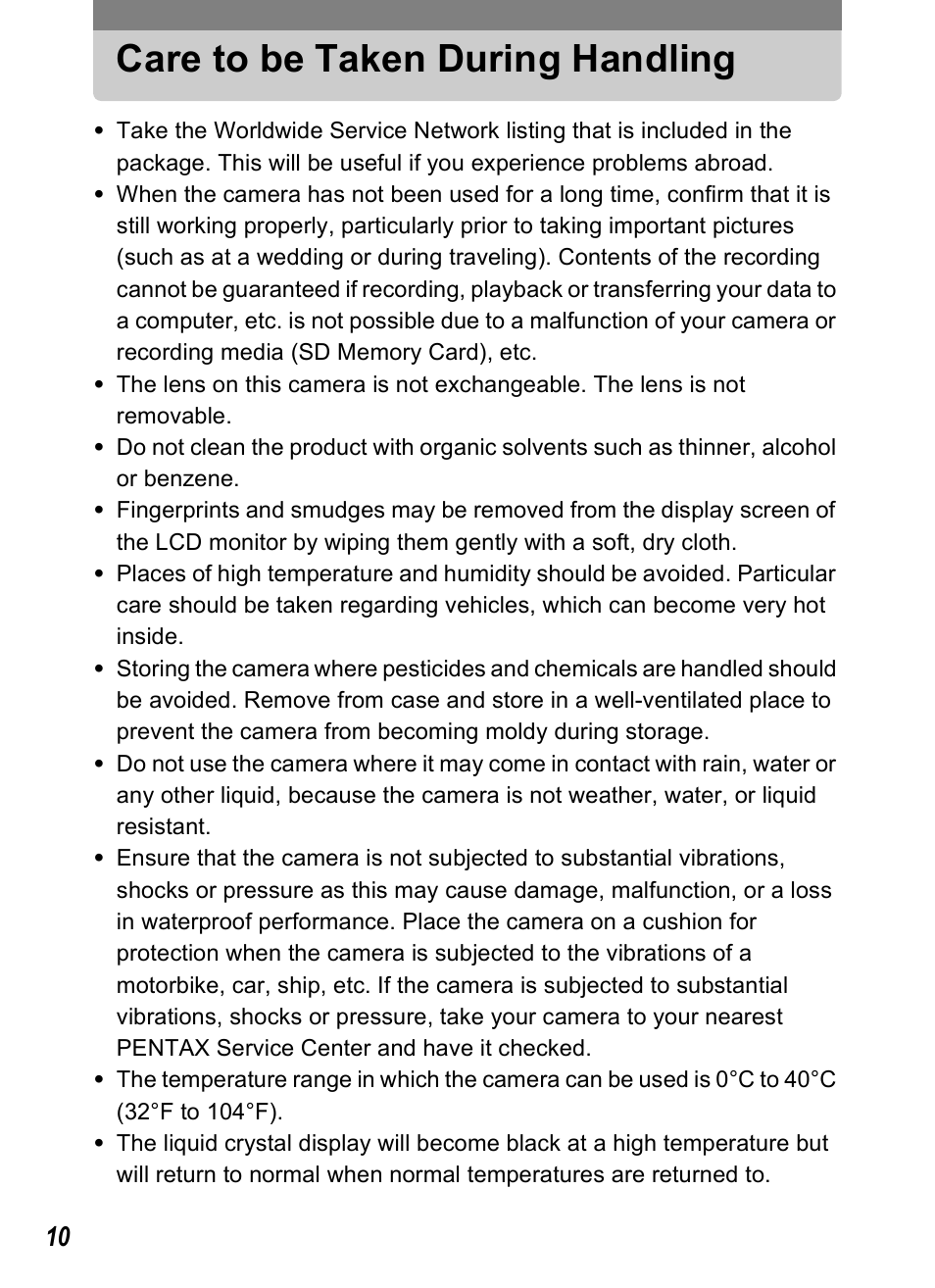 Care to be taken during handling | Pentax Optio T20 User Manual | Page 12 / 168