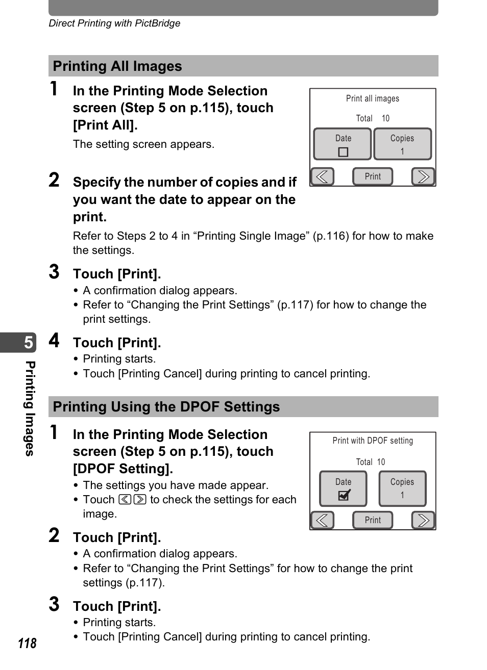 Printing all images, Printing using the dpof settings, P.118) | P.118 | Pentax Optio T20 User Manual | Page 120 / 168