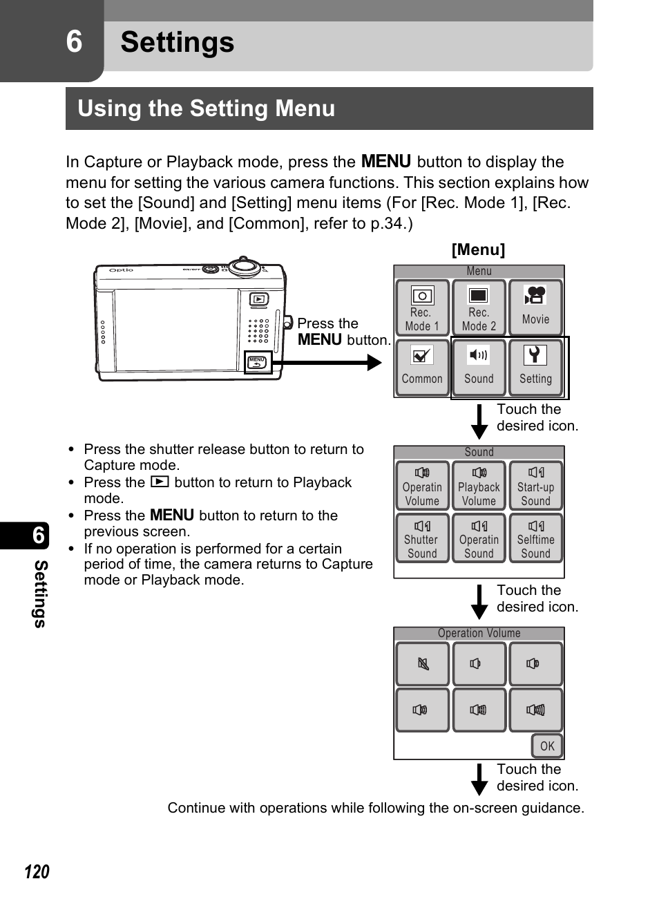 Settings, Using the setting menu, P.120) | P.120, 6 settings, Setti ngs | Pentax Optio T20 User Manual | Page 122 / 168
