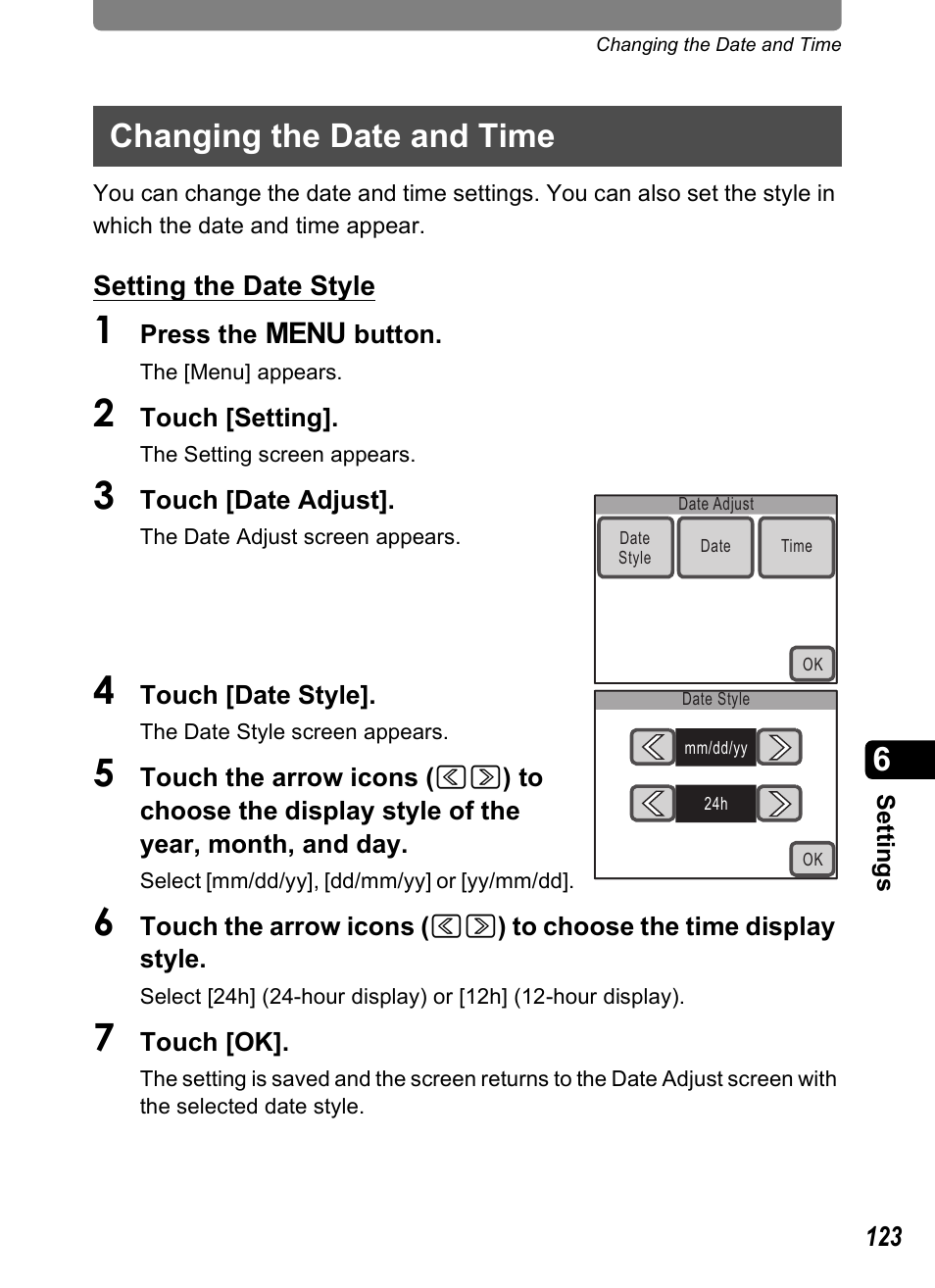Changing the date and time, P.123 | Pentax Optio T20 User Manual | Page 125 / 168