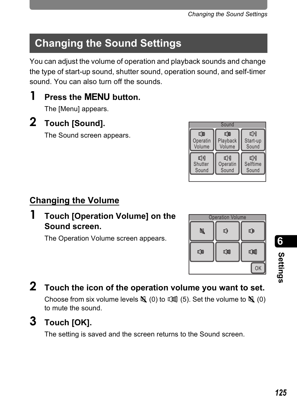 Changing the sound settings, P.125, Changing the volume | Pentax Optio T20 User Manual | Page 127 / 168