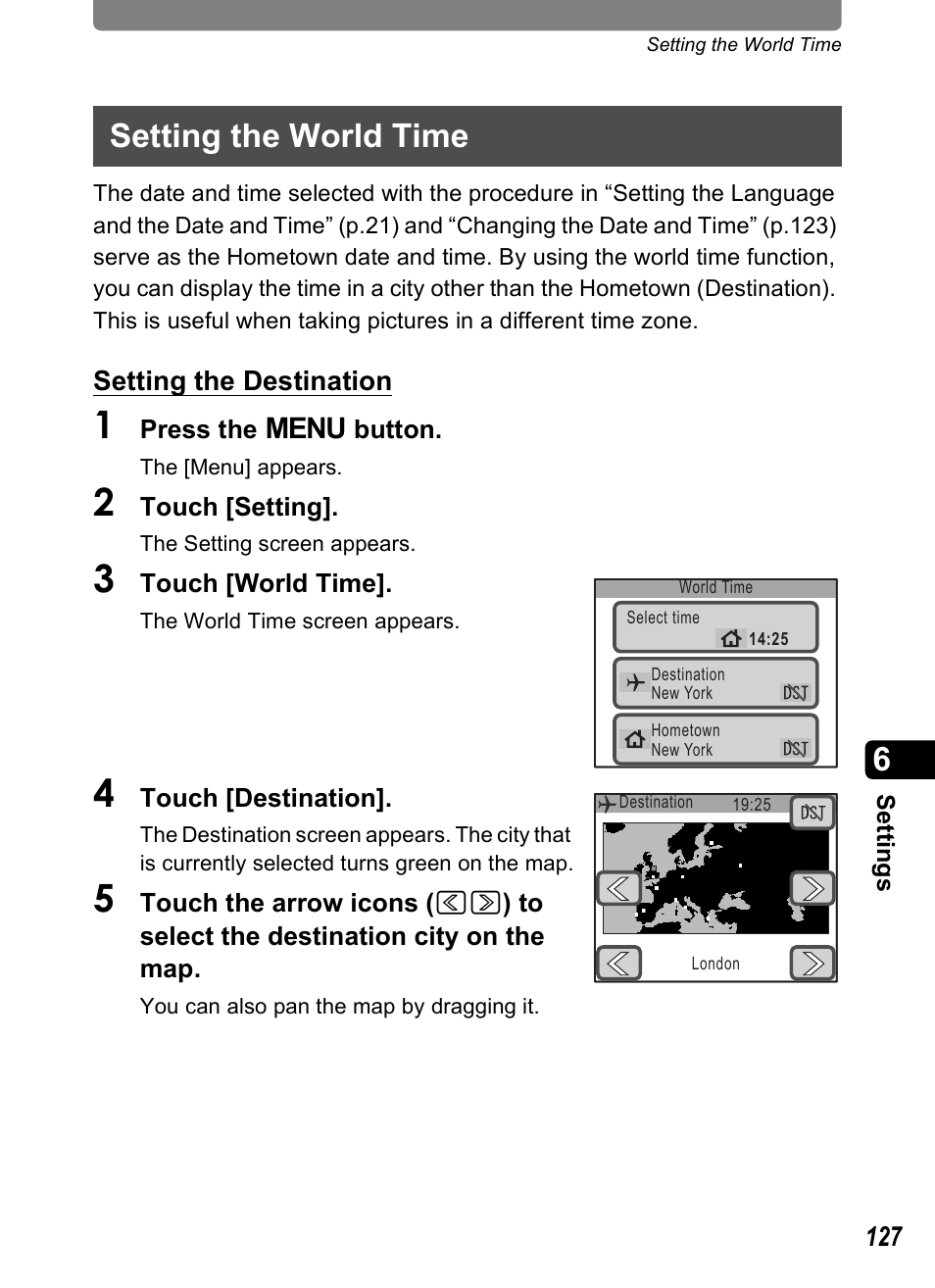 Setting the world time, P.127 | Pentax Optio T20 User Manual | Page 129 / 168