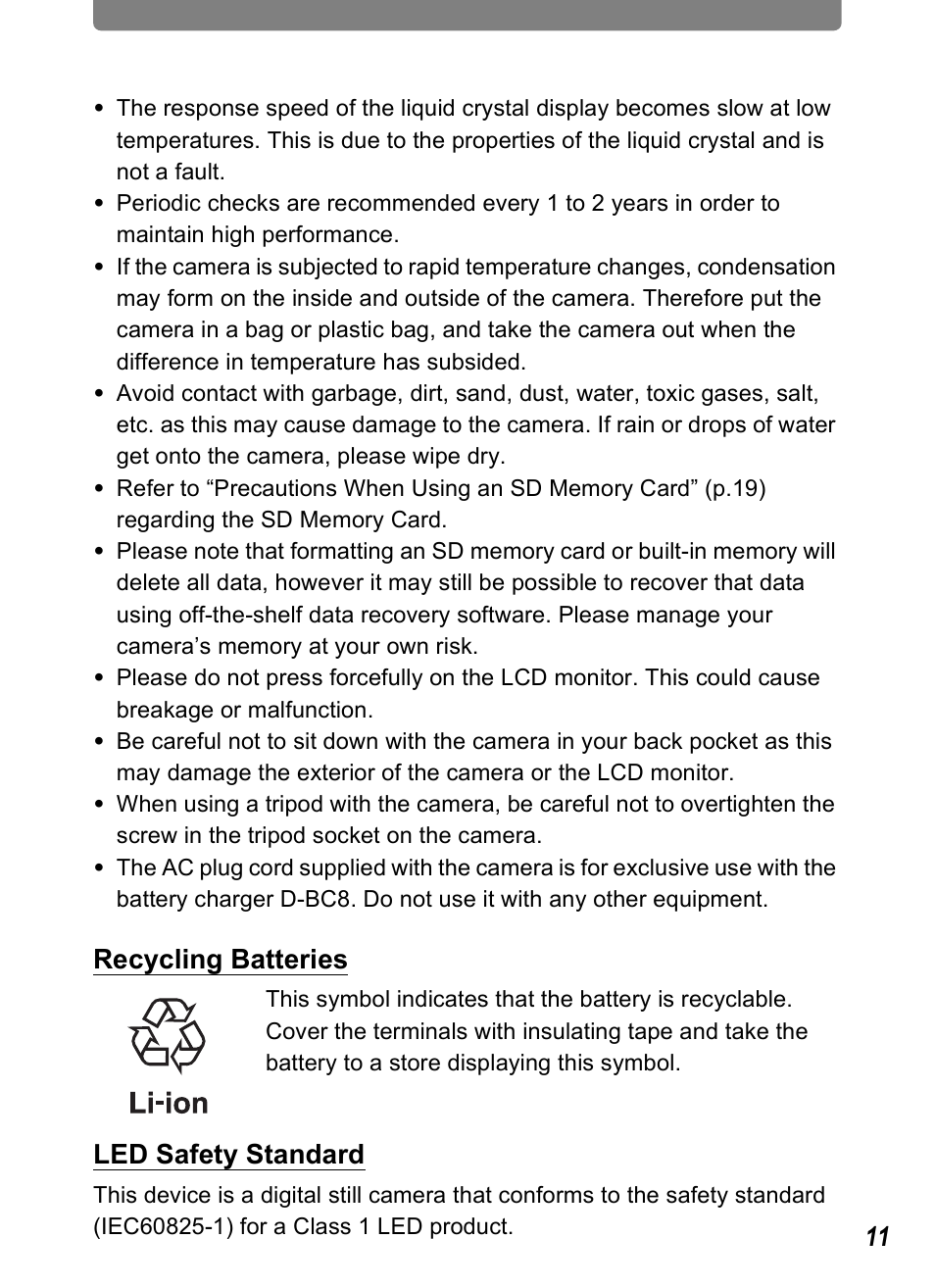 Recycling batteries, Led safety standard | Pentax Optio T20 User Manual | Page 13 / 168