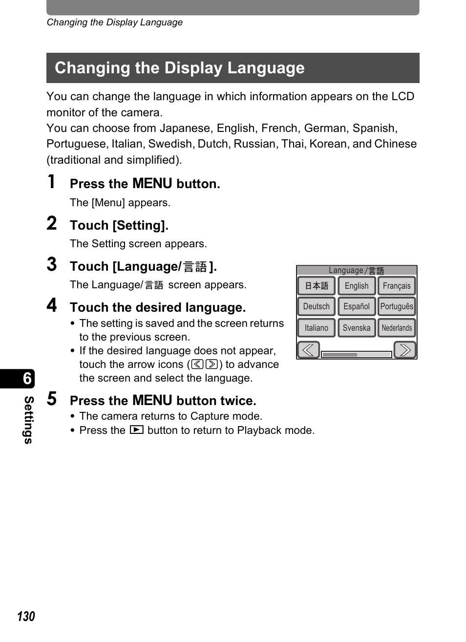 Changing the display language, P.130 | Pentax Optio T20 User Manual | Page 132 / 168