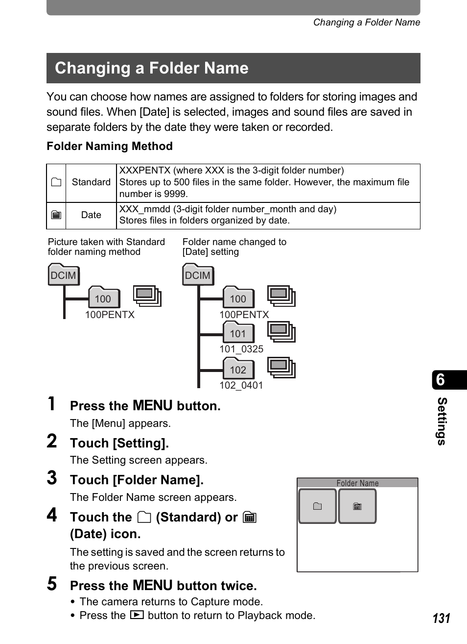 Changing a folder name, P.131 | Pentax Optio T20 User Manual | Page 133 / 168