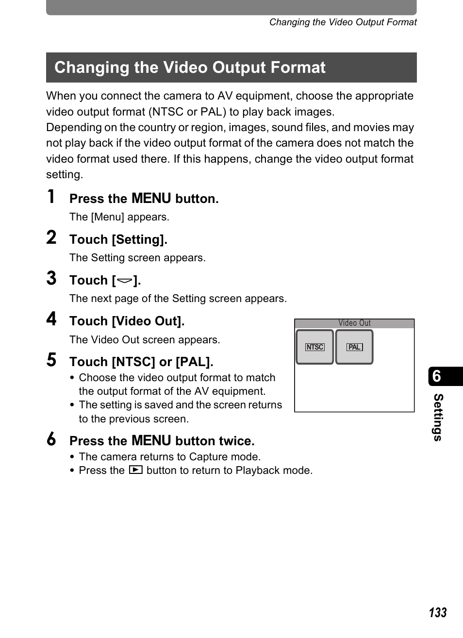 Changing the video output format, P.133 | Pentax Optio T20 User Manual | Page 135 / 168