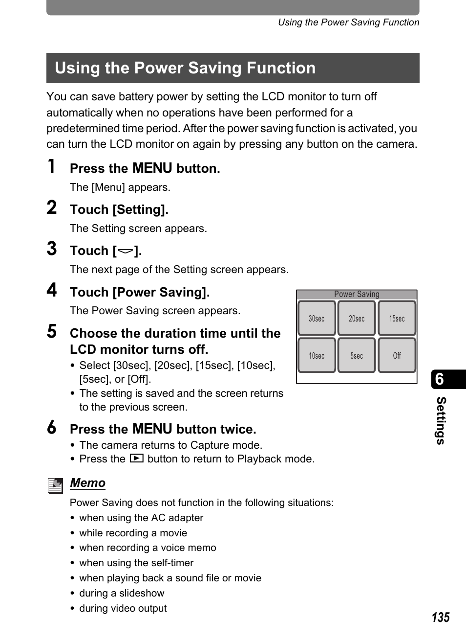 Using the power saving function, P.135 | Pentax Optio T20 User Manual | Page 137 / 168