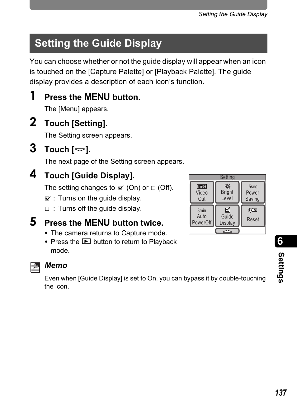 Setting the guide display, P.137 | Pentax Optio T20 User Manual | Page 139 / 168
