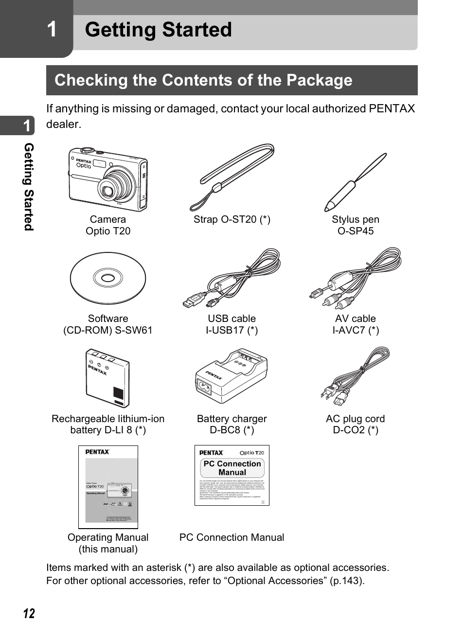 Getting started, Checking the contents of the package, P.12 | 1 getting started | Pentax Optio T20 User Manual | Page 14 / 168