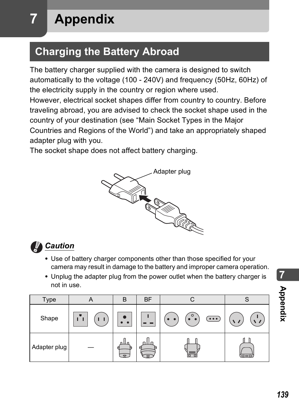 Appendix, Charging the battery abroad, P.139 | 7 appendix | Pentax Optio T20 User Manual | Page 141 / 168