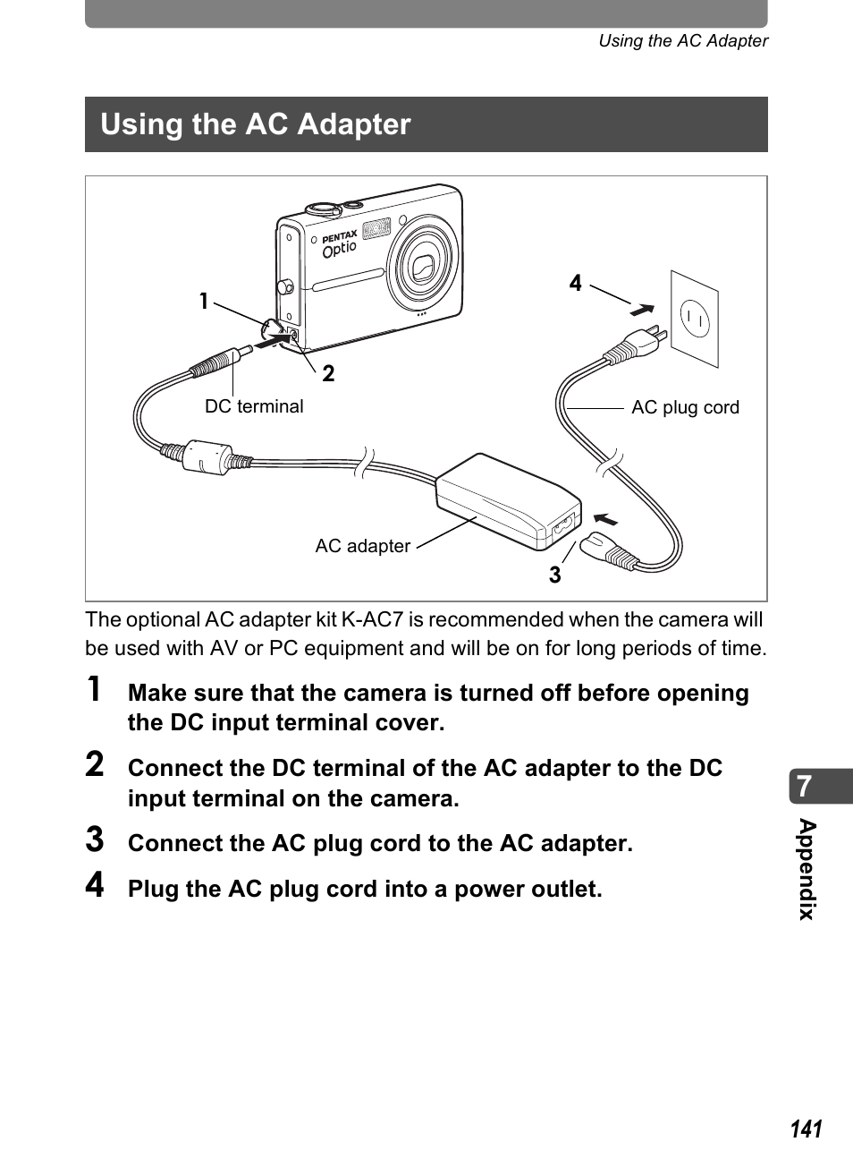 Using the ac adapter, P.141) | Pentax Optio T20 User Manual | Page 143 / 168