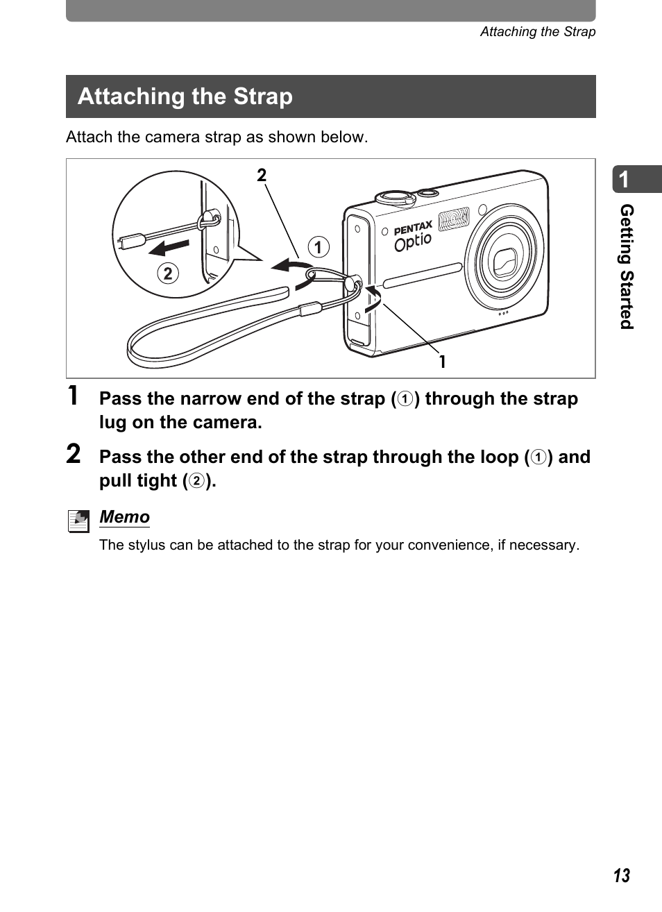 Attaching the strap, P.13) | Pentax Optio T20 User Manual | Page 15 / 168
