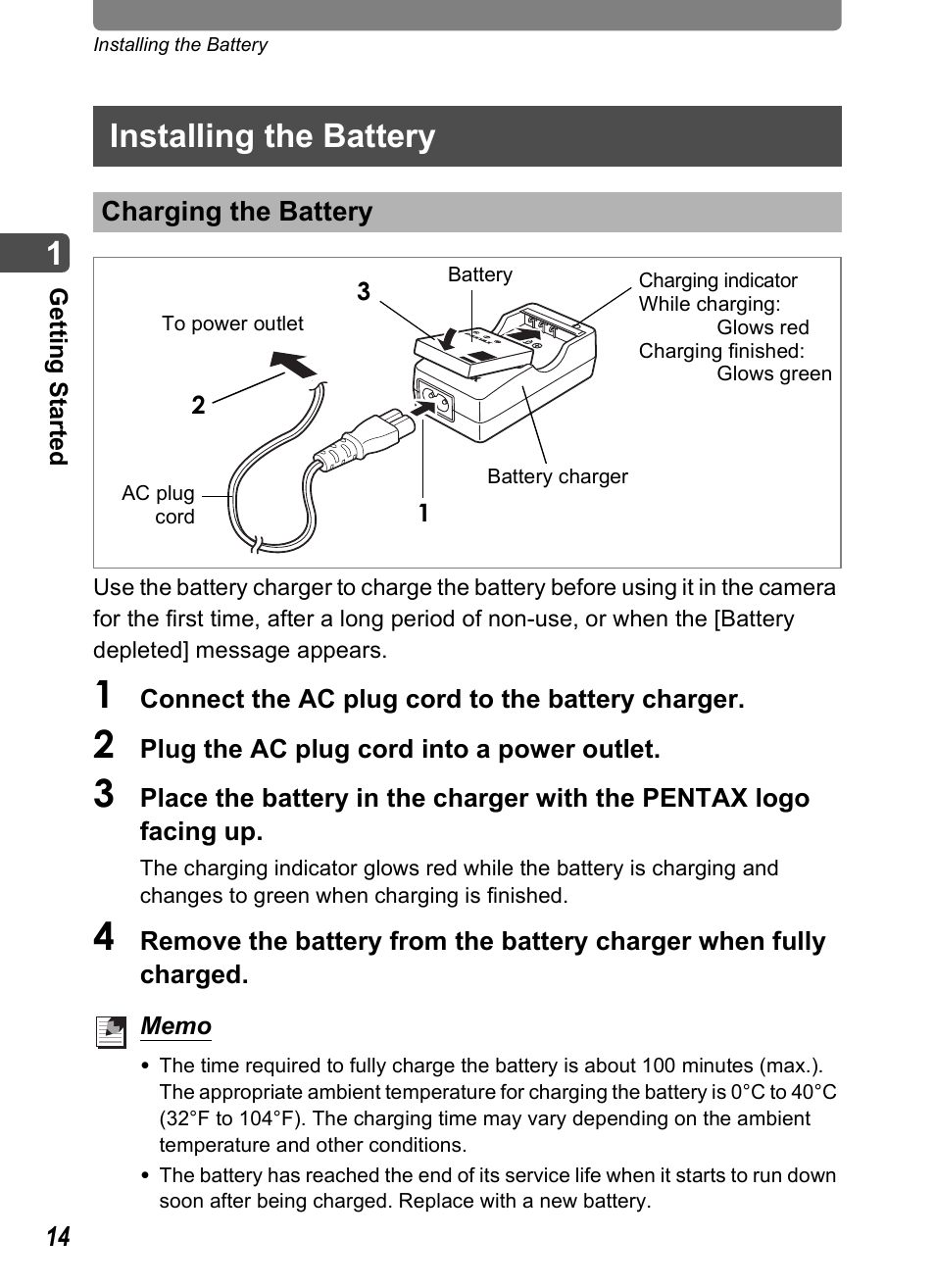 Installing the battery, Charging the battery | Pentax Optio T20 User Manual | Page 16 / 168