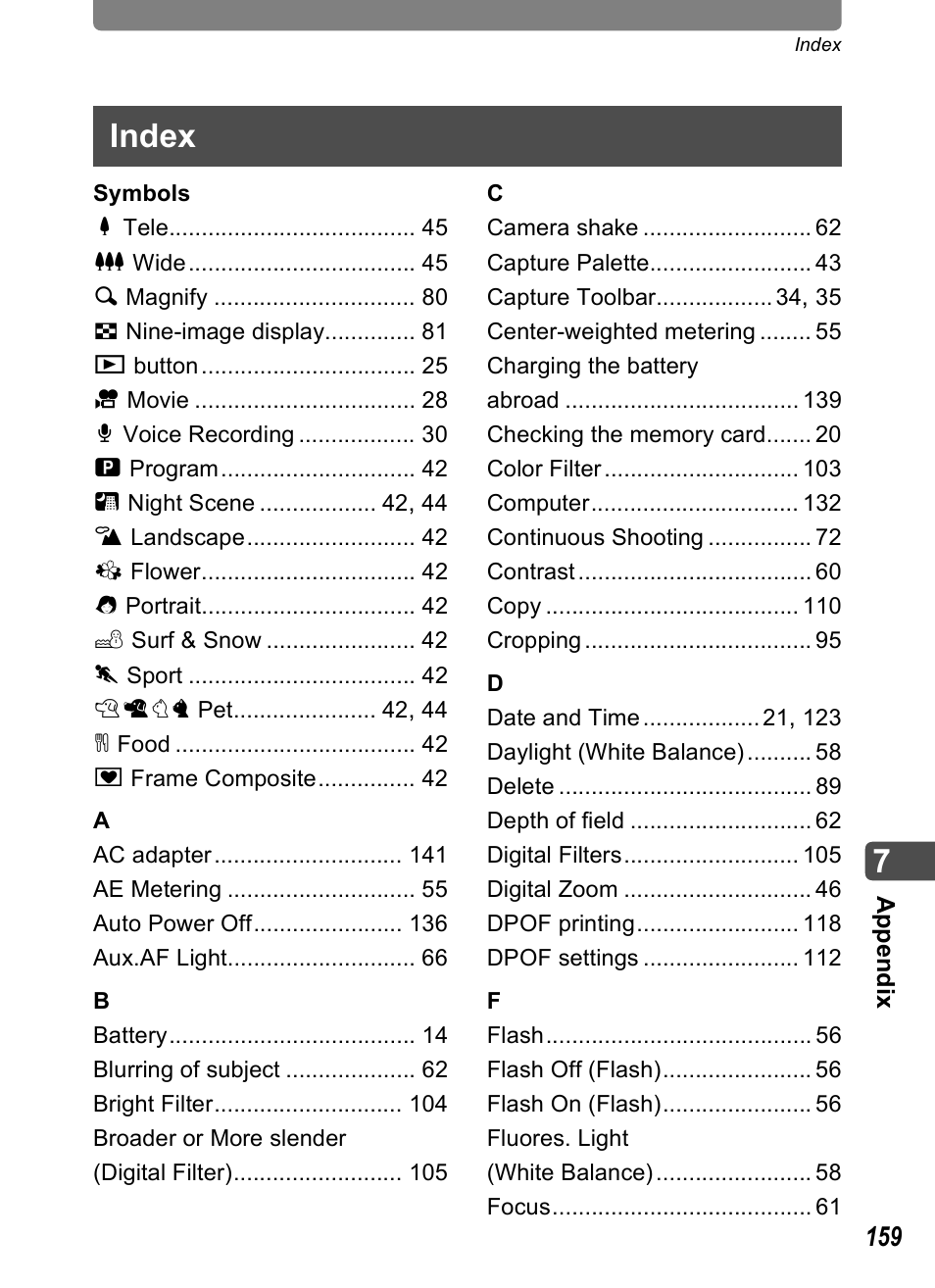 Index | Pentax Optio T20 User Manual | Page 161 / 168