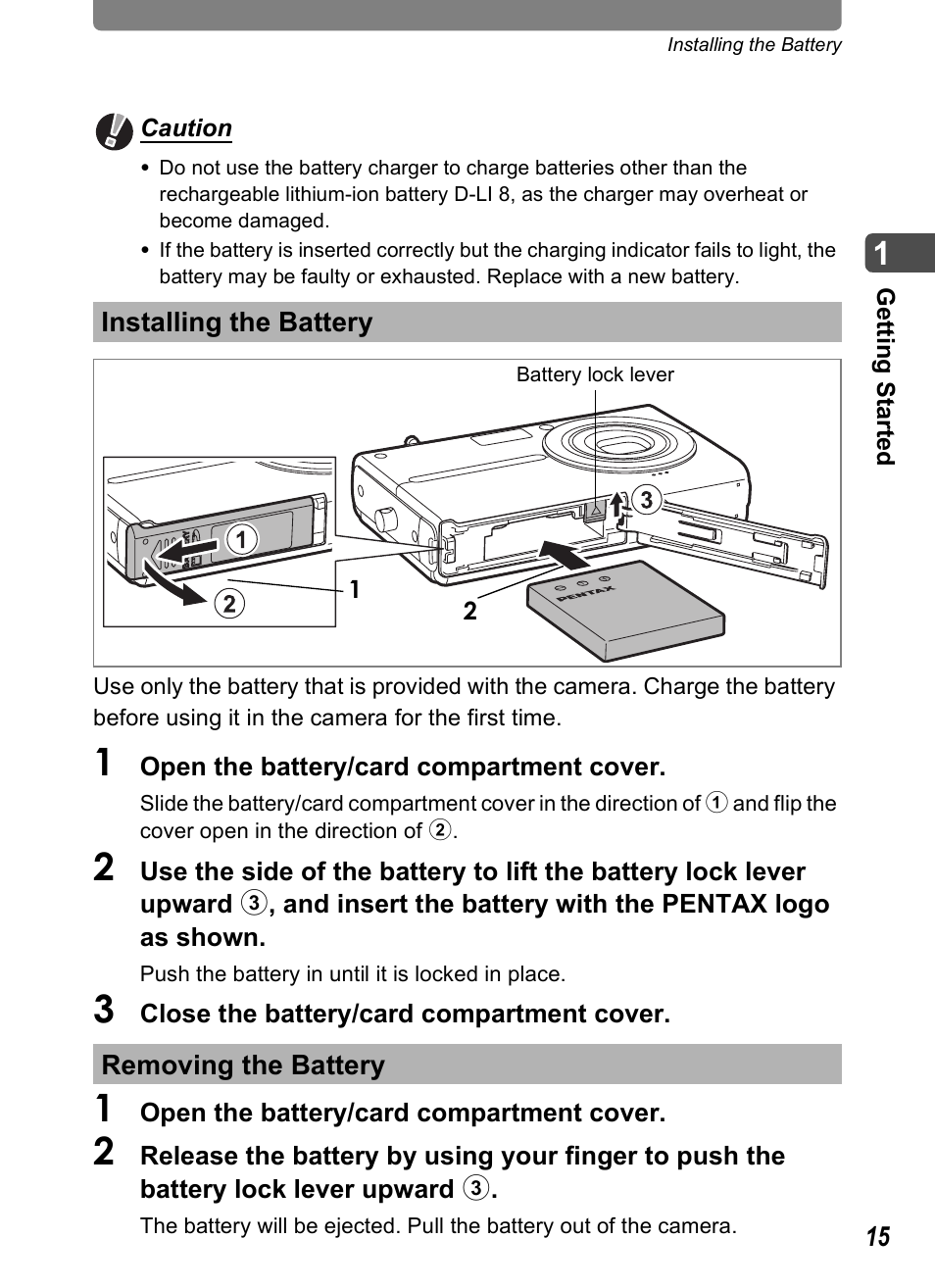 Installing the battery, Removing the battery, P.15, p | Installing the battery removing the battery | Pentax Optio T20 User Manual | Page 17 / 168