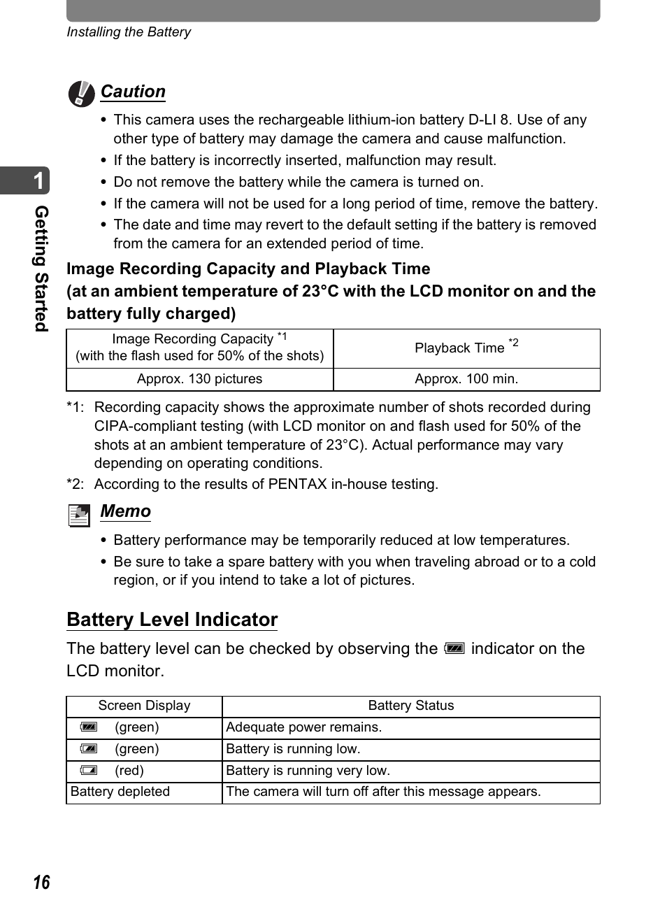 Battery level indicator, Gett ing sta rted caution | Pentax Optio T20 User Manual | Page 18 / 168