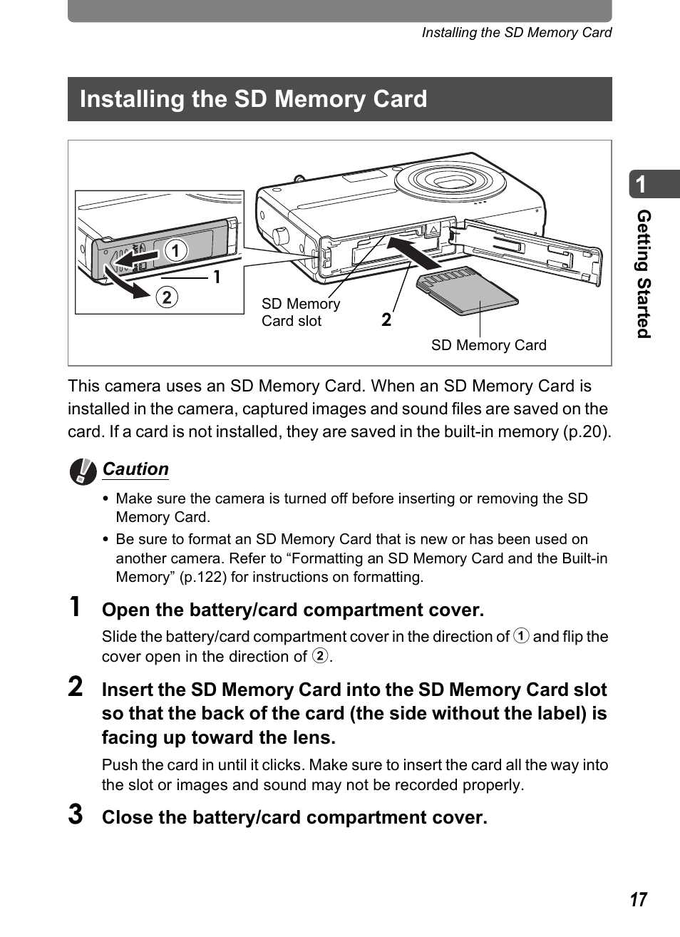 Installing the sd memory card | Pentax Optio T20 User Manual | Page 19 / 168