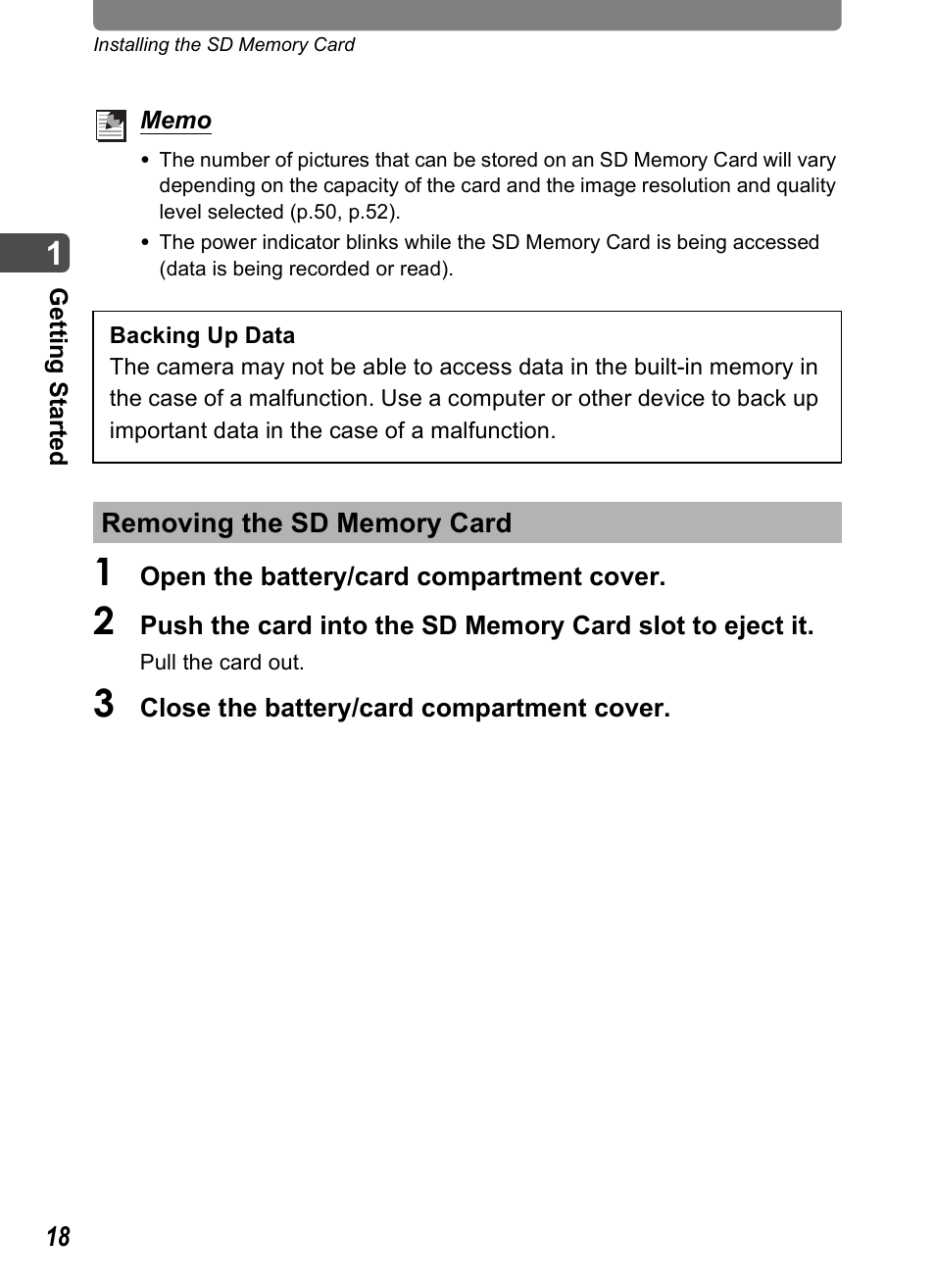 Removing the sd memory card | Pentax Optio T20 User Manual | Page 20 / 168