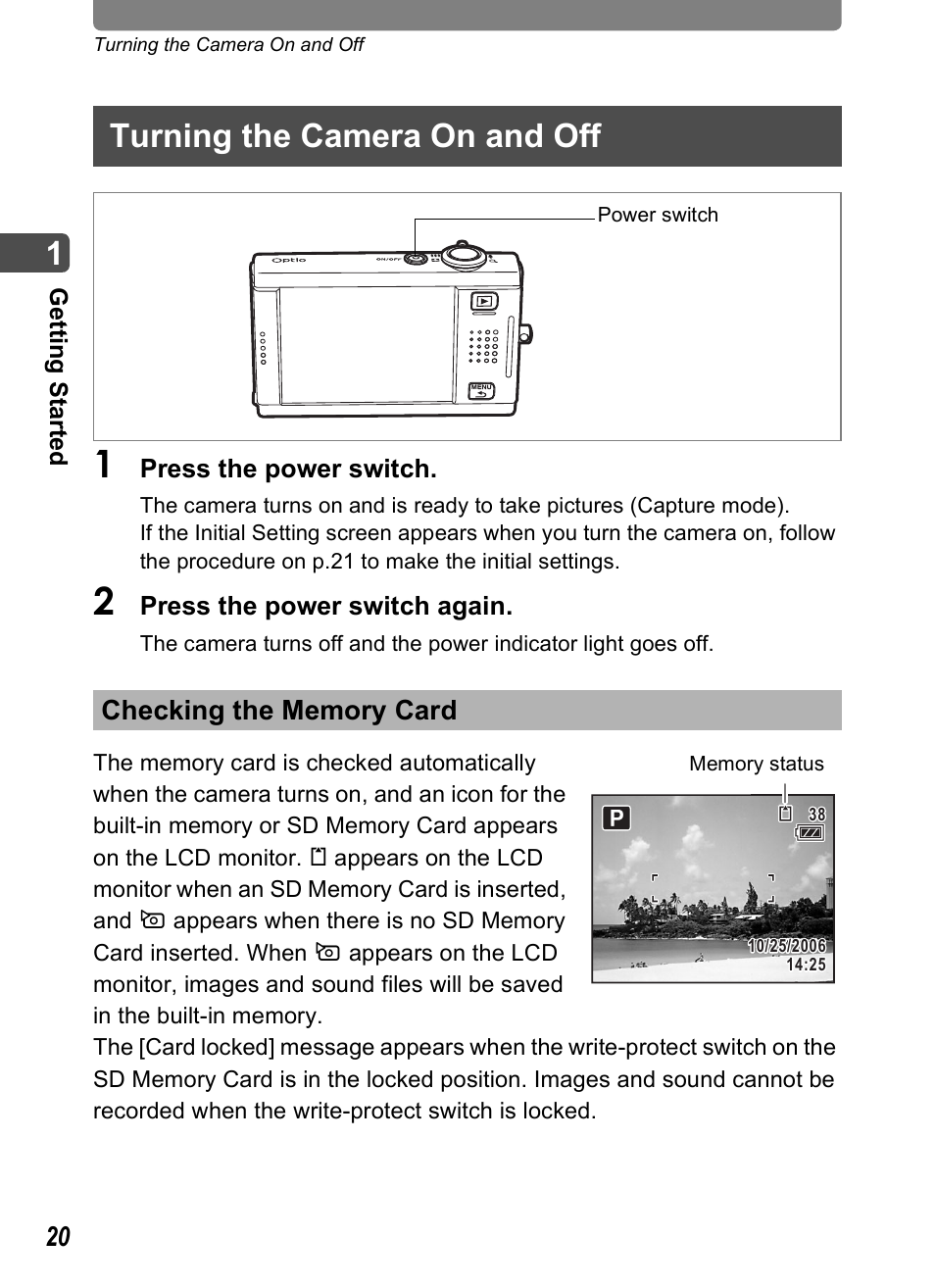 Turning the camera on and off, Checking the memory card, P.20) | Pentax Optio T20 User Manual | Page 22 / 168
