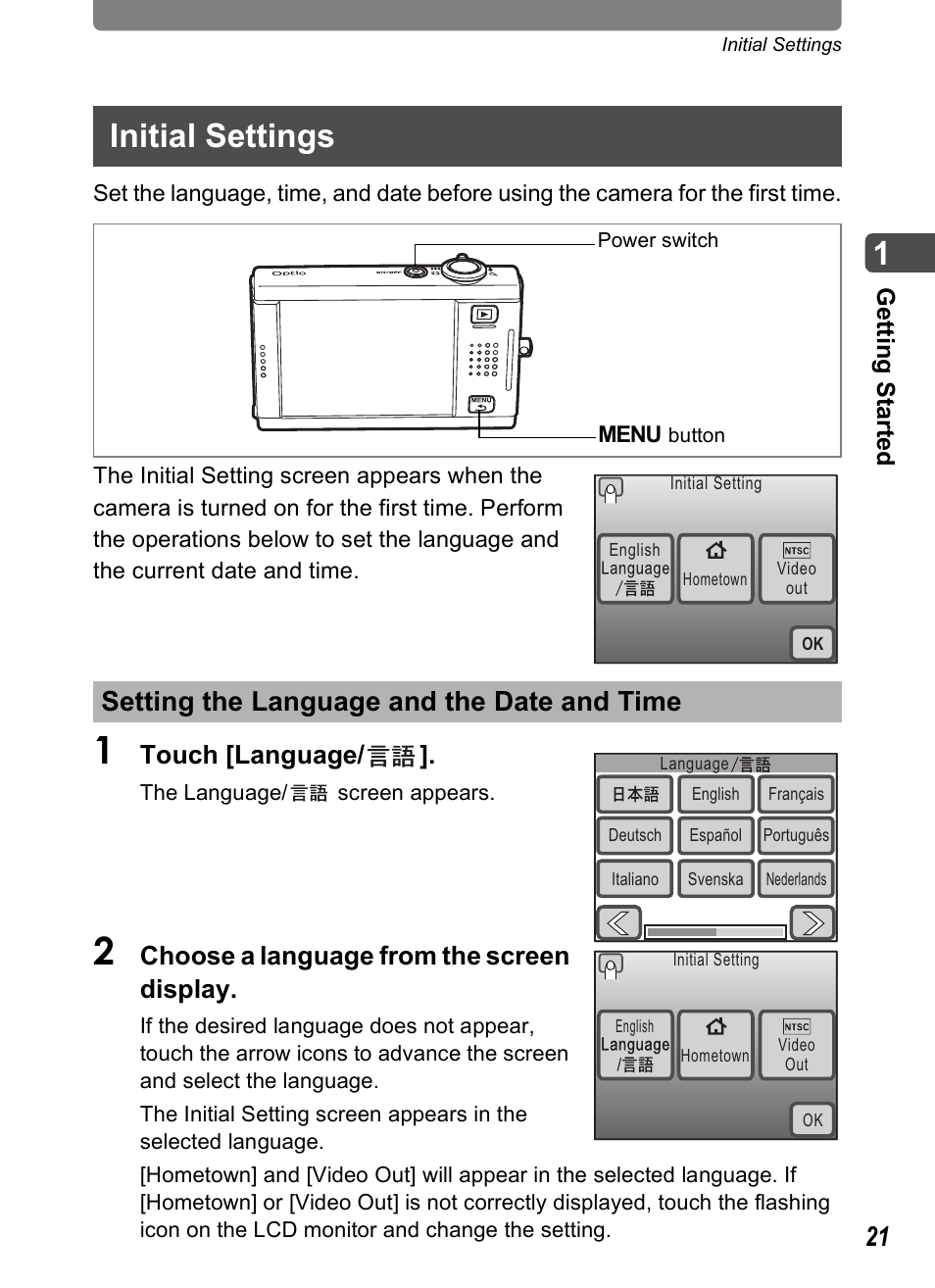 Initial settings, Setting the language and the date and time, Touch [language | Choose a language from the screen display | Pentax Optio T20 User Manual | Page 23 / 168
