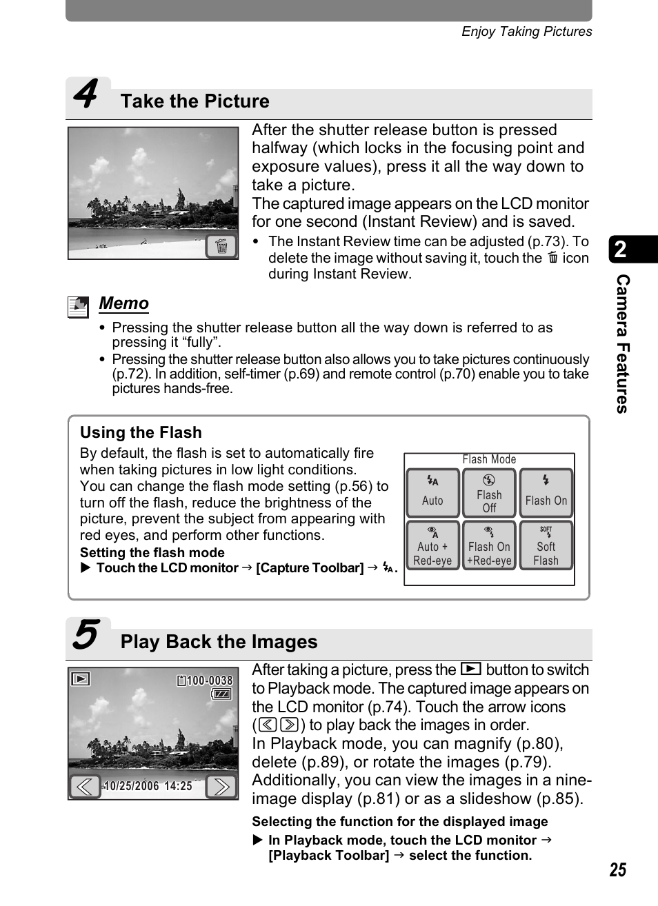 P.25), Take the picture, Play back the images | Pentax Optio T20 User Manual | Page 27 / 168