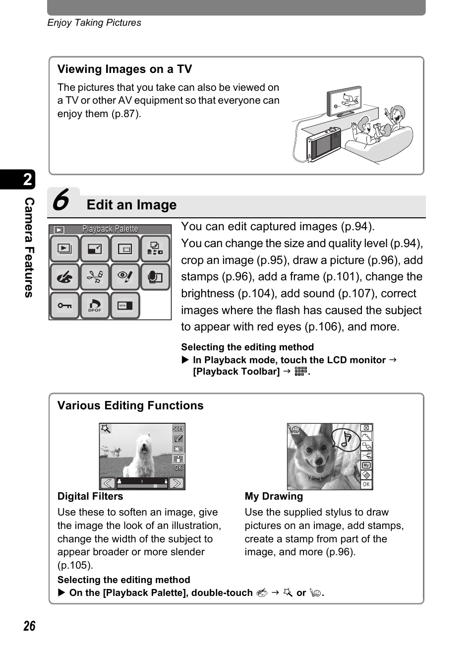 Edit an image, Ca mera fea tures | Pentax Optio T20 User Manual | Page 28 / 168