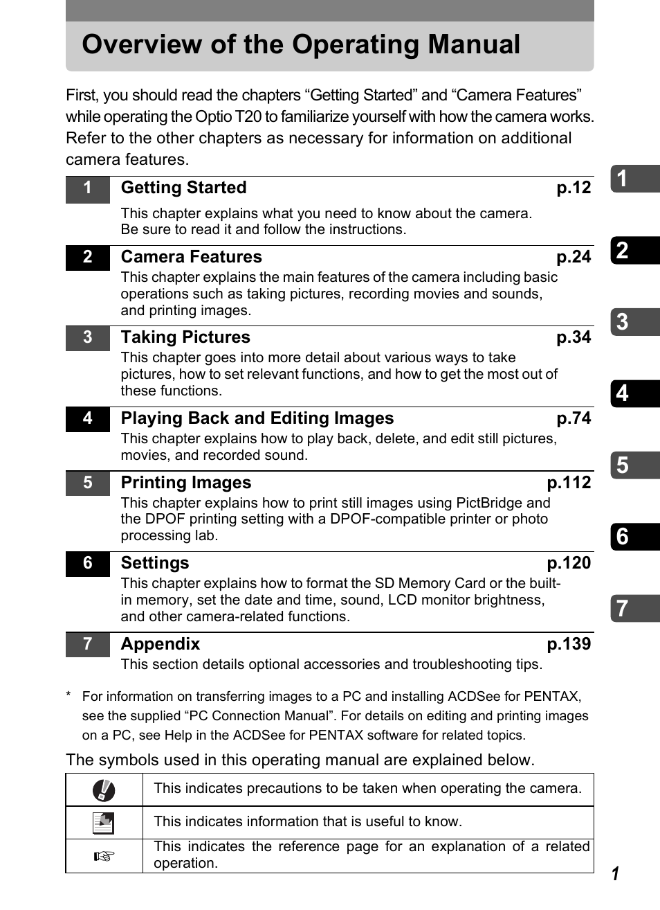 Overview of the operating manual | Pentax Optio T20 User Manual | Page 3 / 168