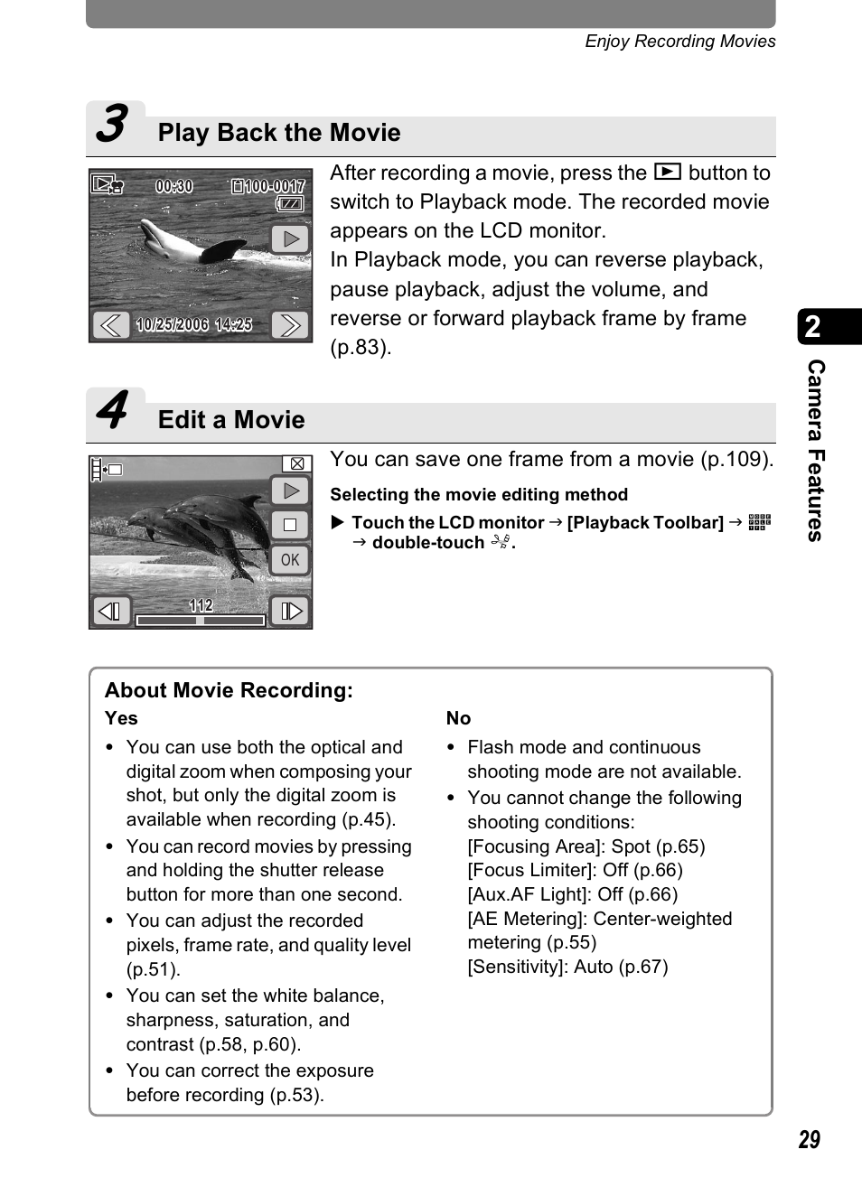 Play back the movie, Edit a movie | Pentax Optio T20 User Manual | Page 31 / 168