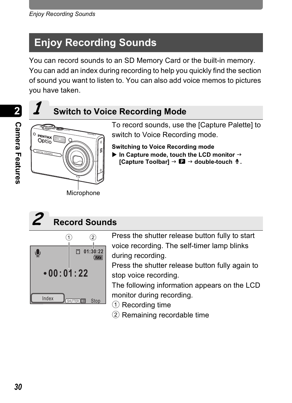 Enjoy recording sounds, E (p.30) | Pentax Optio T20 User Manual | Page 32 / 168
