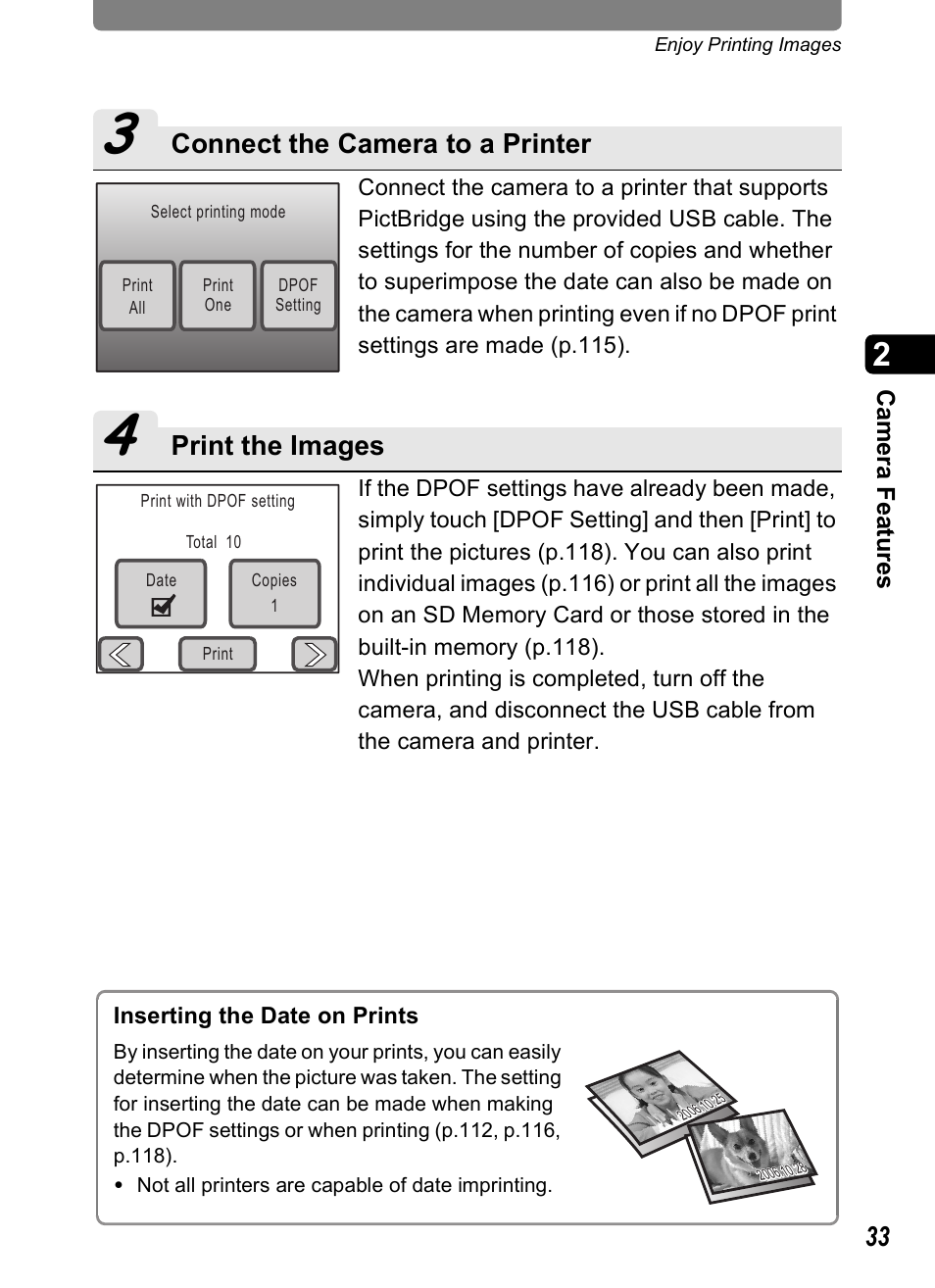 Connect the camera to a printer, Print the images | Pentax Optio T20 User Manual | Page 35 / 168