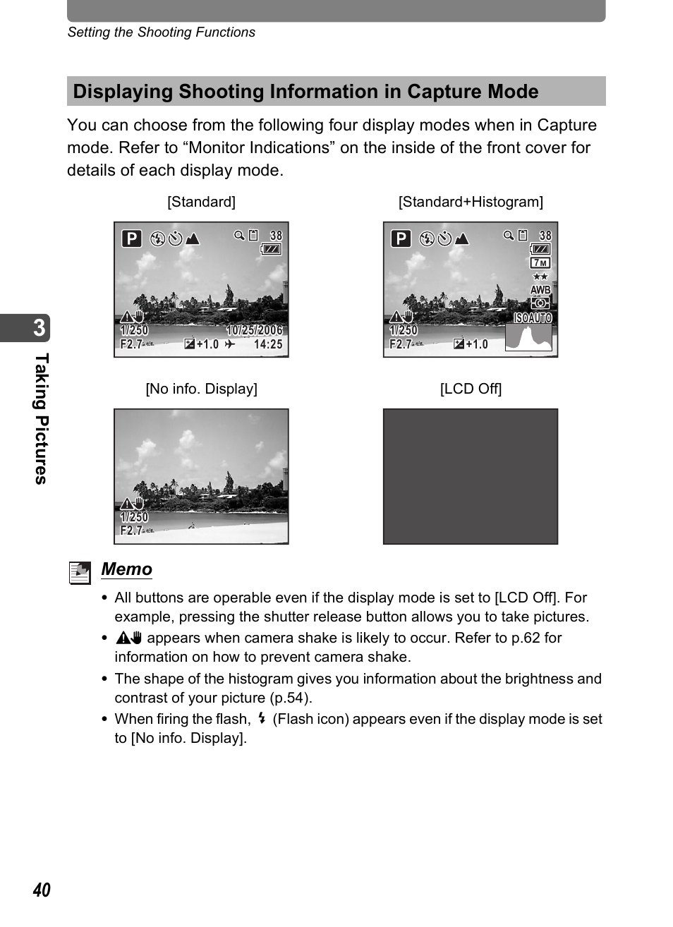 Displaying shooting information in capture mode, P.40), P.40 | Ta kin g pic tures | Pentax Optio T20 User Manual | Page 42 / 168