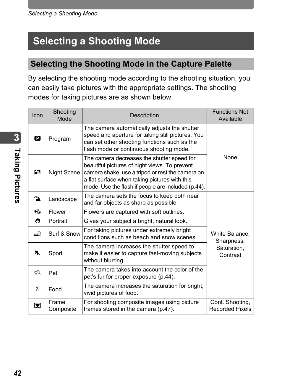 Selecting a shooting mode, Selecting the shooting mode in the capture palette, E (p.42) | P.42, Ta kin g pic tures | Pentax Optio T20 User Manual | Page 44 / 168