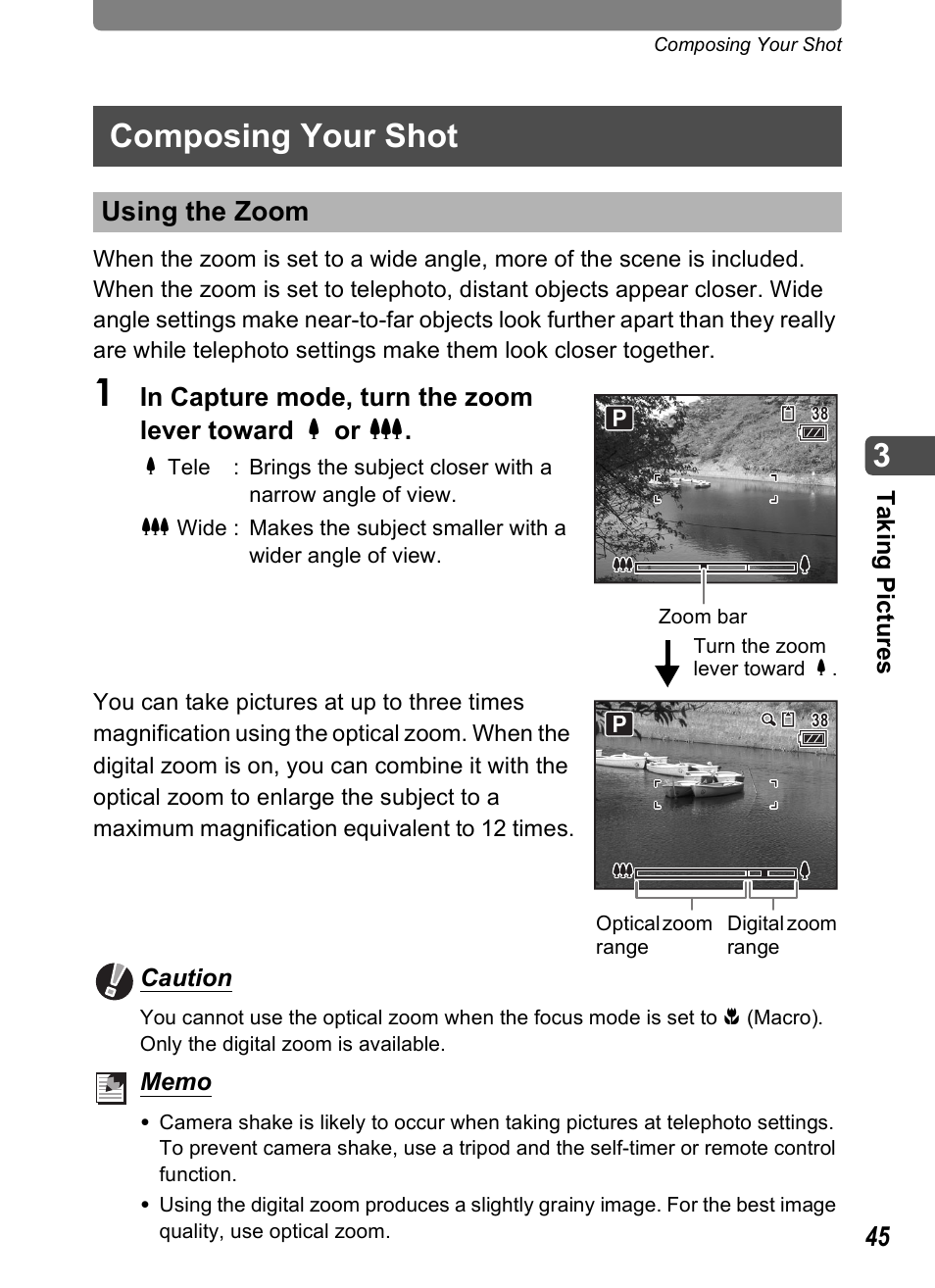 Composing your shot, Using the zoom, P.45) | Pentax Optio T20 User Manual | Page 47 / 168