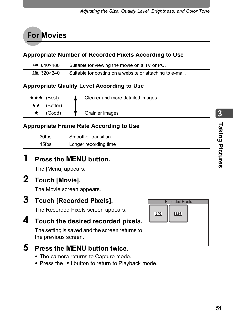 P.51), P.51, For movies | Pentax Optio T20 User Manual | Page 53 / 168