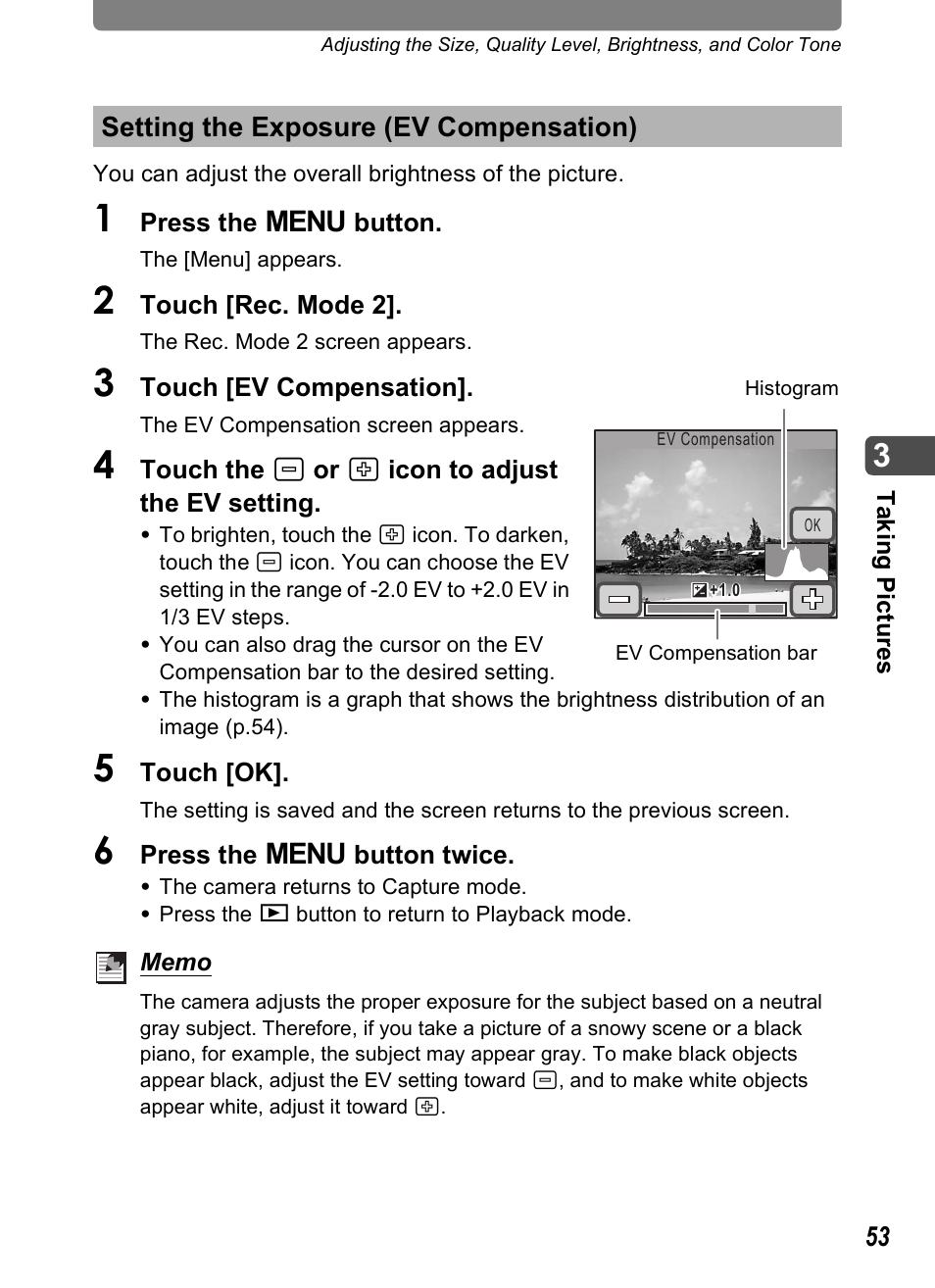 Setting the exposure (ev compensation), Setting the exposure (ev compensation)” (p.53), Ing (p.53) | P.53, On (p.53) | Pentax Optio T20 User Manual | Page 55 / 168