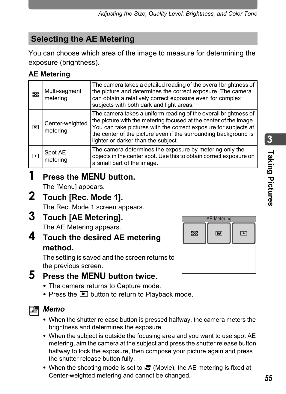 Selecting the ae metering, Selecting the ae metering” (p.55), Ng (p.55) | P.55 | Pentax Optio T20 User Manual | Page 57 / 168