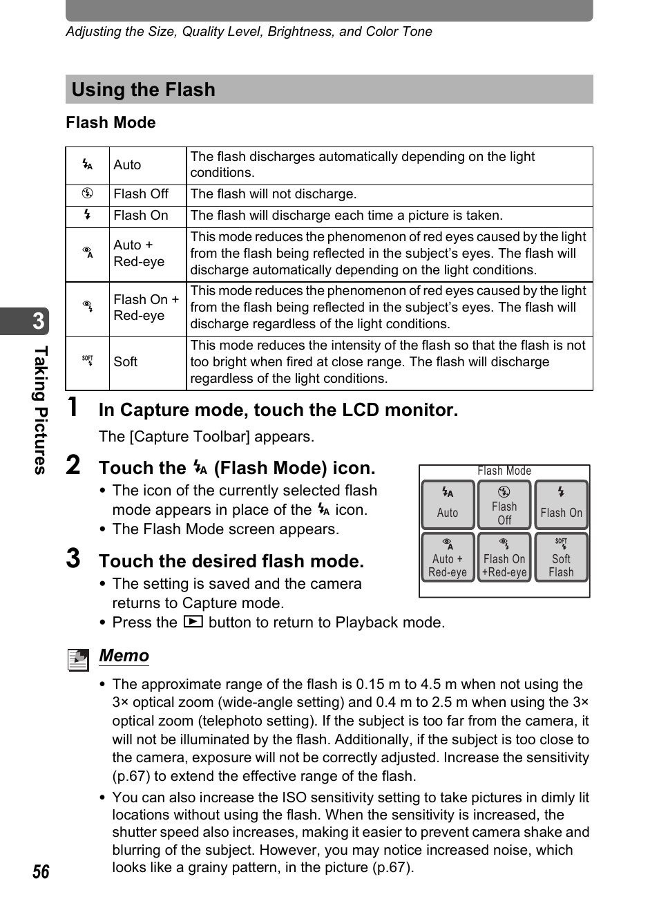 Using the flash, H (p.56), P.56) | P.56, Touch the , (flash mode) icon, Touch the desired flash mode | Pentax Optio T20 User Manual | Page 58 / 168